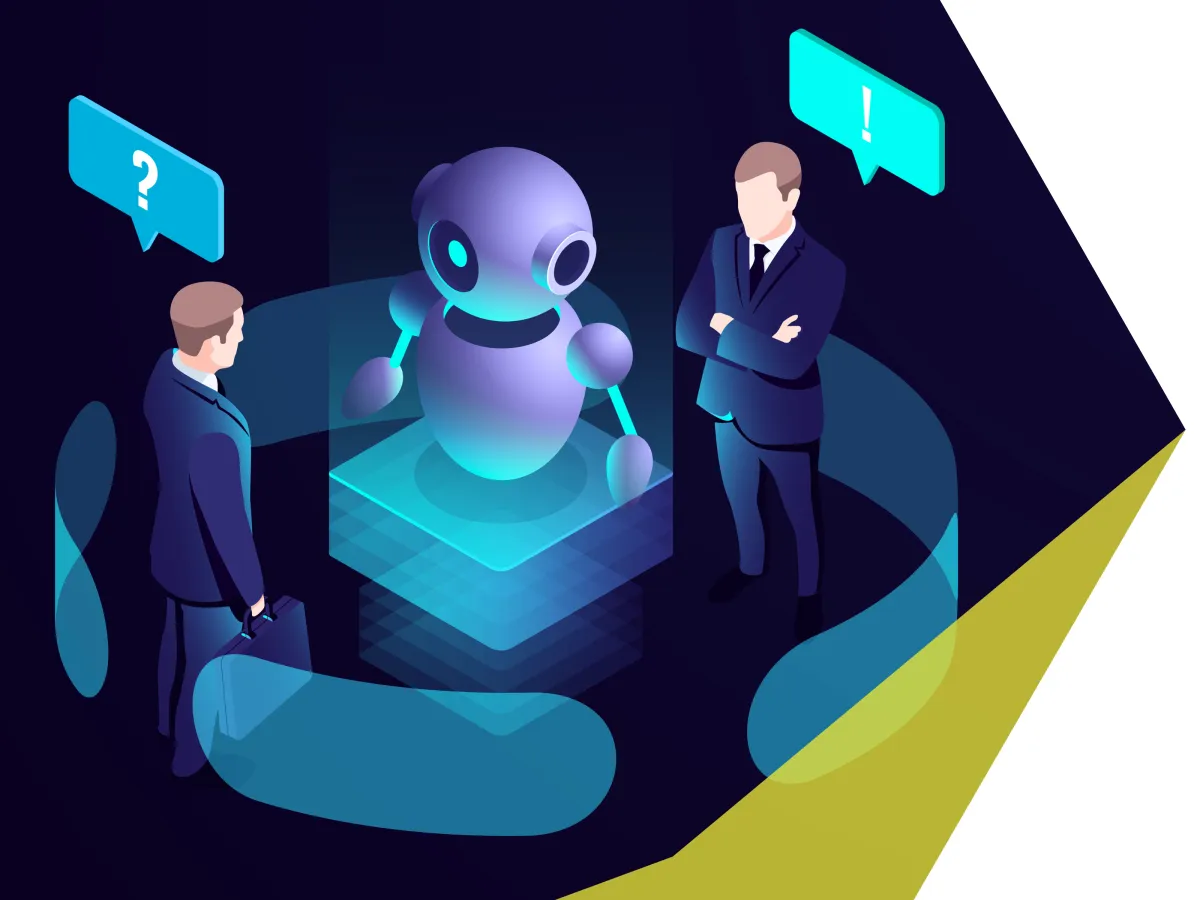 Középen robot, mellette két ember