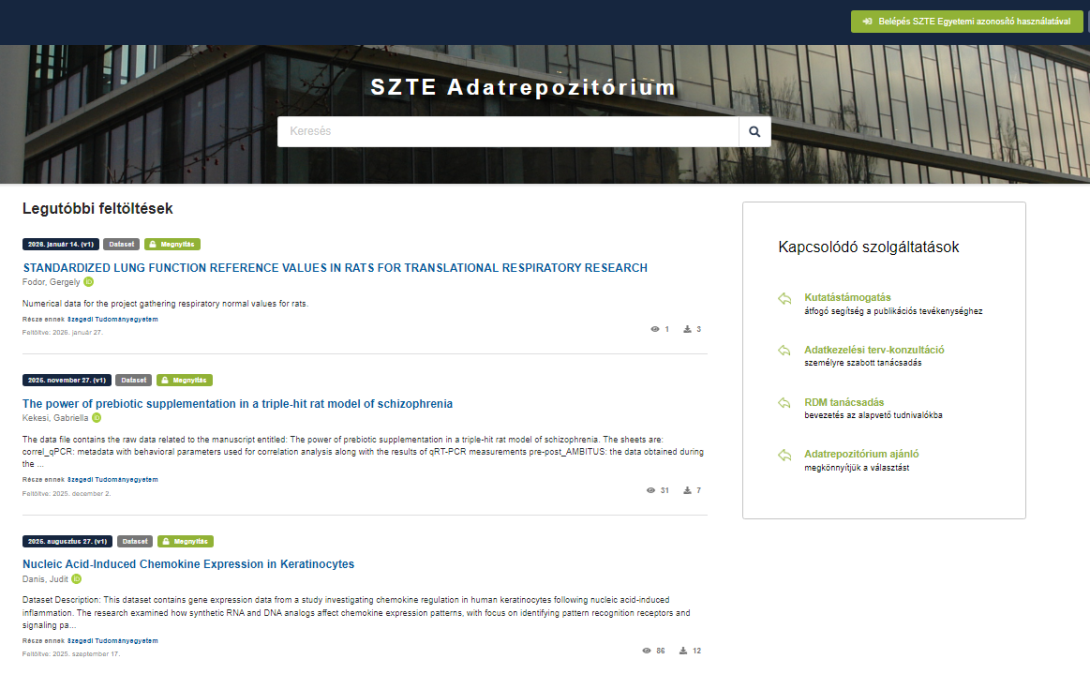 az SZTE Adatrepozitórium nyitóoldala