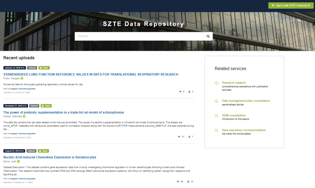az SZTE Adatrepozitórium nyitóoldala angolul